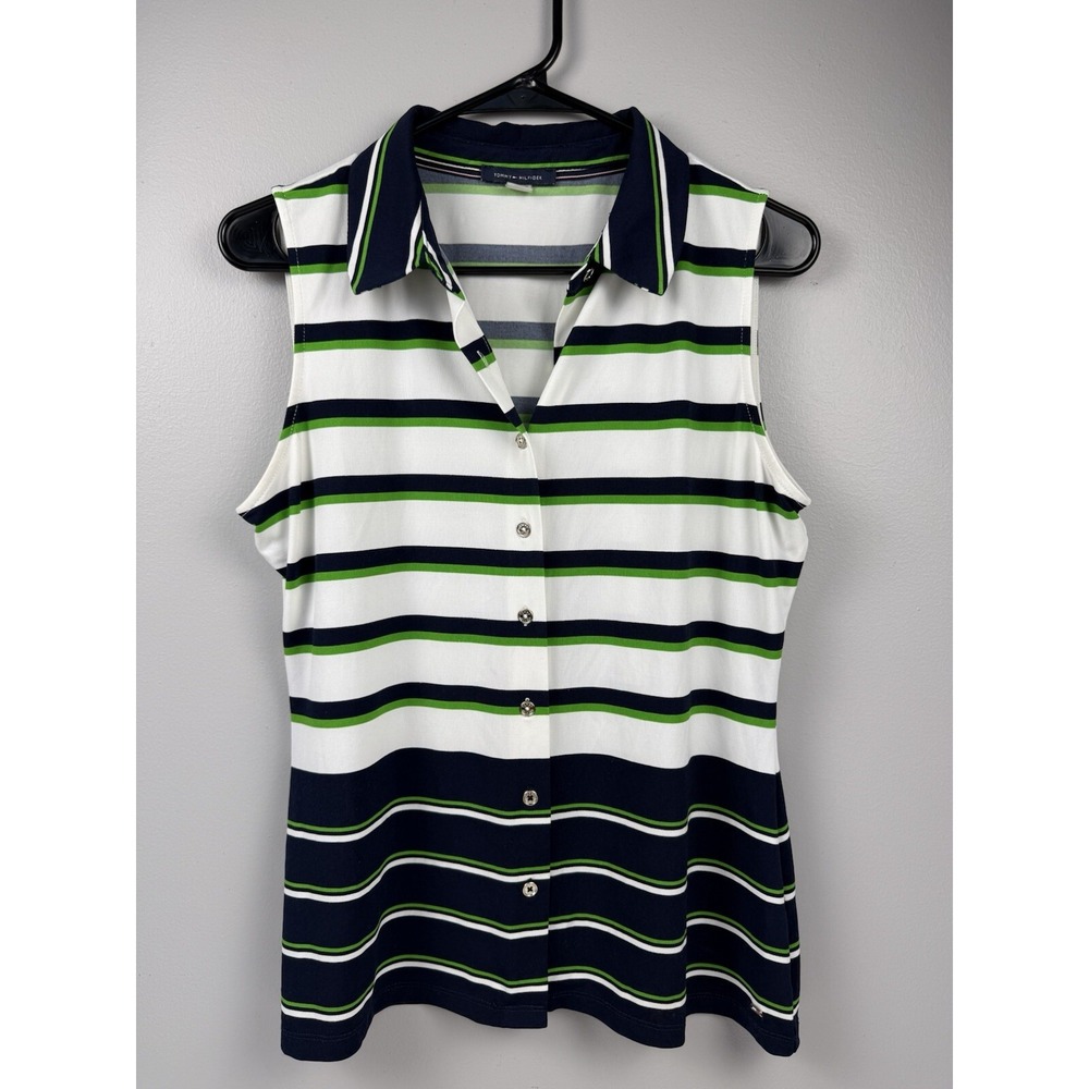 Tommy Hilfiger M Stripe Collared Button Down Sleeveless Top Blue Green Golf